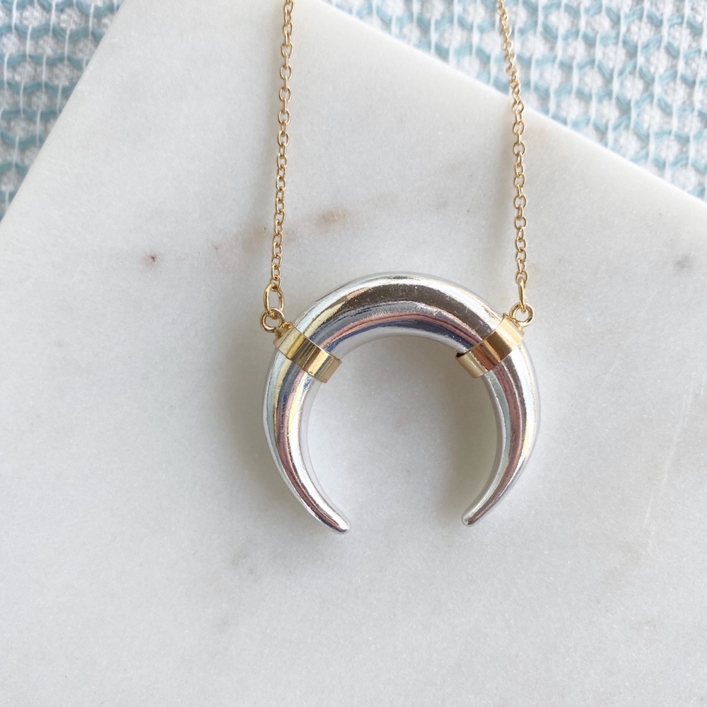 "Kinsey" Necklace || Silver & Gold Horn Pendant - Picture 7 of 13